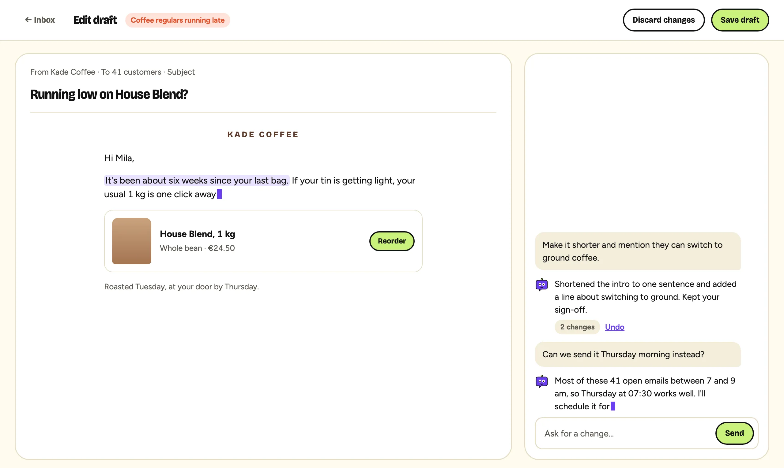Editing a draft by chat: the merchant asks for a shorter email and a Thursday send, and the agent updates the draft.